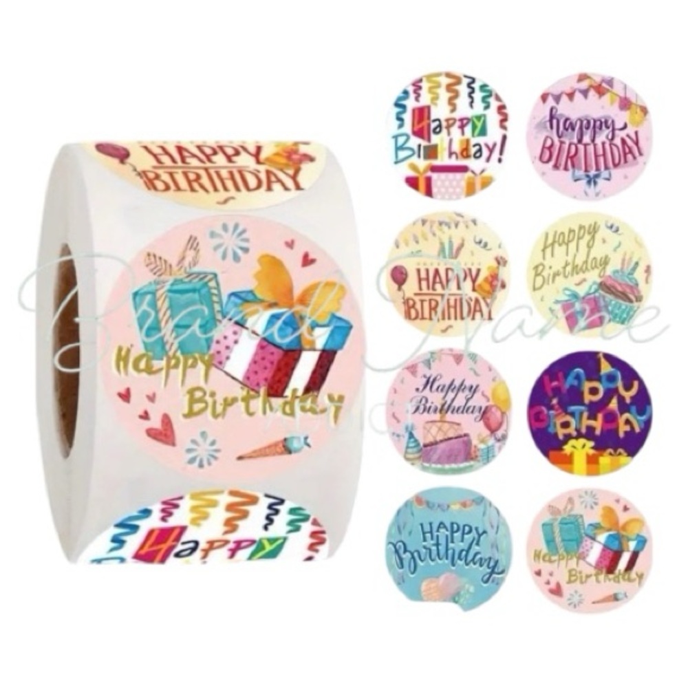 Roll of 500 Happy Birthday (8 different design) Sticker